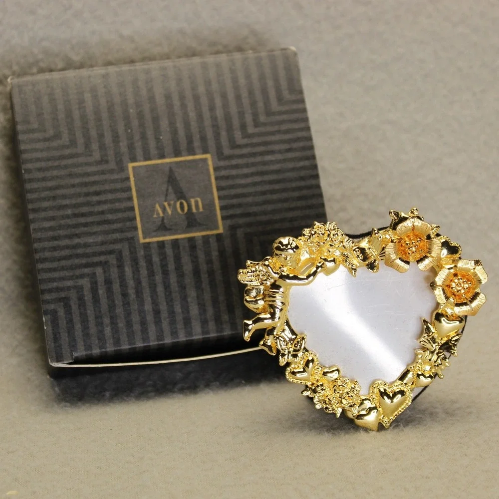 Avon‎ Heart Frame with Earrings Women Gold Tone 1995 Cherub Floral Vintage Gift
